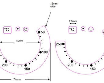 Pair of OVEN TEMPERATURE sicker decals with numbers 50-250 subdivided by lines. Overseas Shipping time could be up to 4 weeks