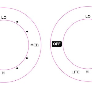 Autocollants pour cuisinière de style américain - avec la position OFF face à gauche et Lo-MED -Hi dans le sens des aiguilles d'une montre. Vendeur britannique - Délai de livraison à l'étranger jusqu'à 4 semaines