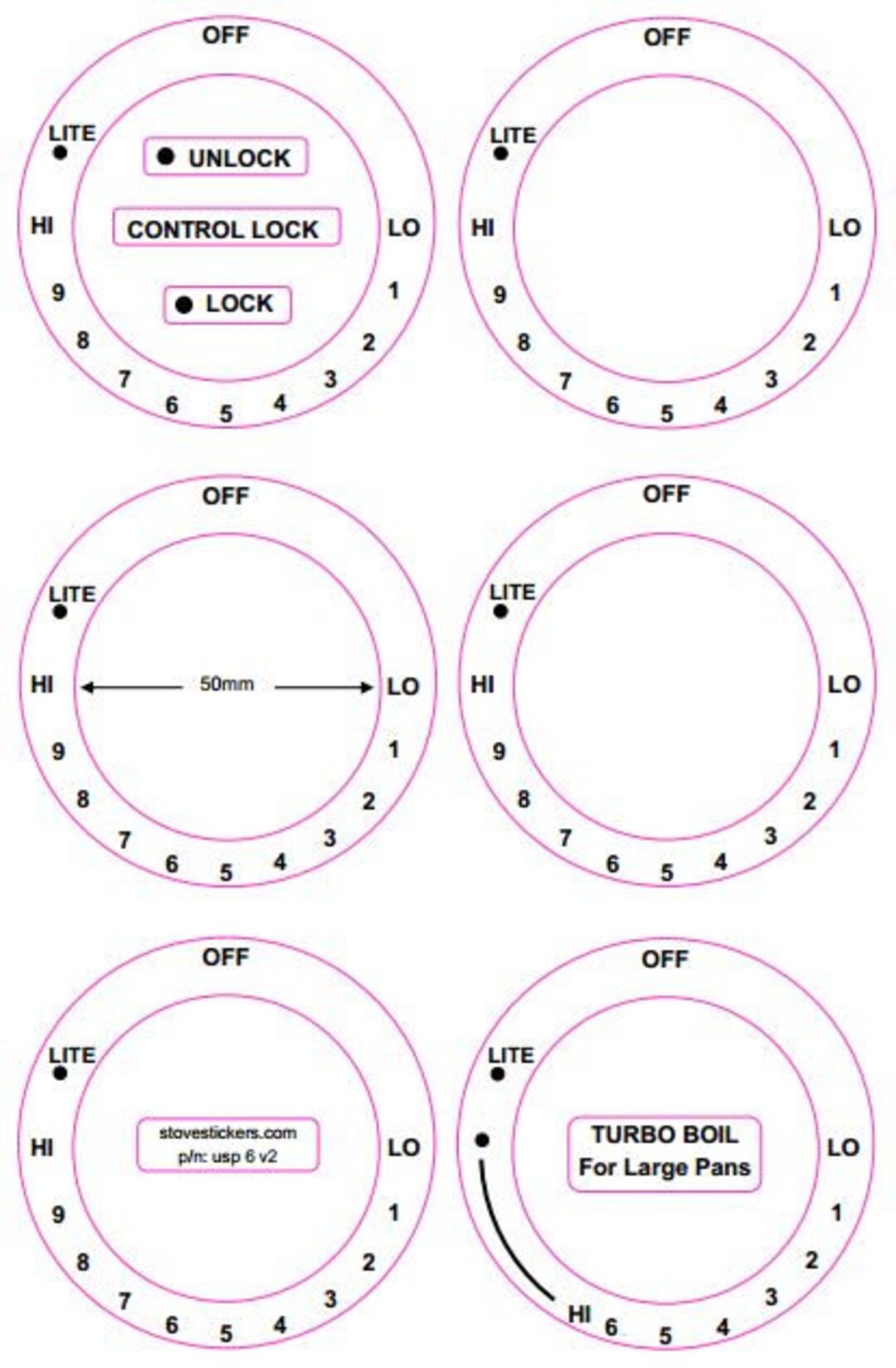 American Style Cooktop Sticker Decals Consisting of 6 Dials Marked Lo