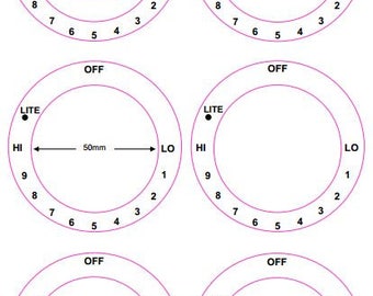 American style cooktop stickers- 6 dials Lo thru Hi in a clockwise direction. GE cooktop JGP975SEK2SS. Overseas Shipping time up to 4 weeks