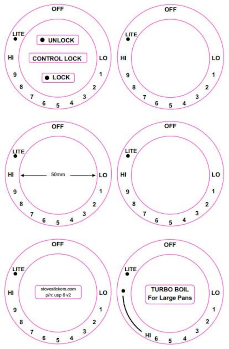 consisting of 6 dials marked Lo thru Hi in a clockwise direction American style cooker top decals
