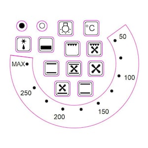 May include: A white oven knob with a circular dial and black markings. The dial has numbers from 50 to 250 in increments of 50, and the word "MAX" is printed at the bottom. The dial also has several symbols, including a light bulb, a thermometer, a grill, and a cross.