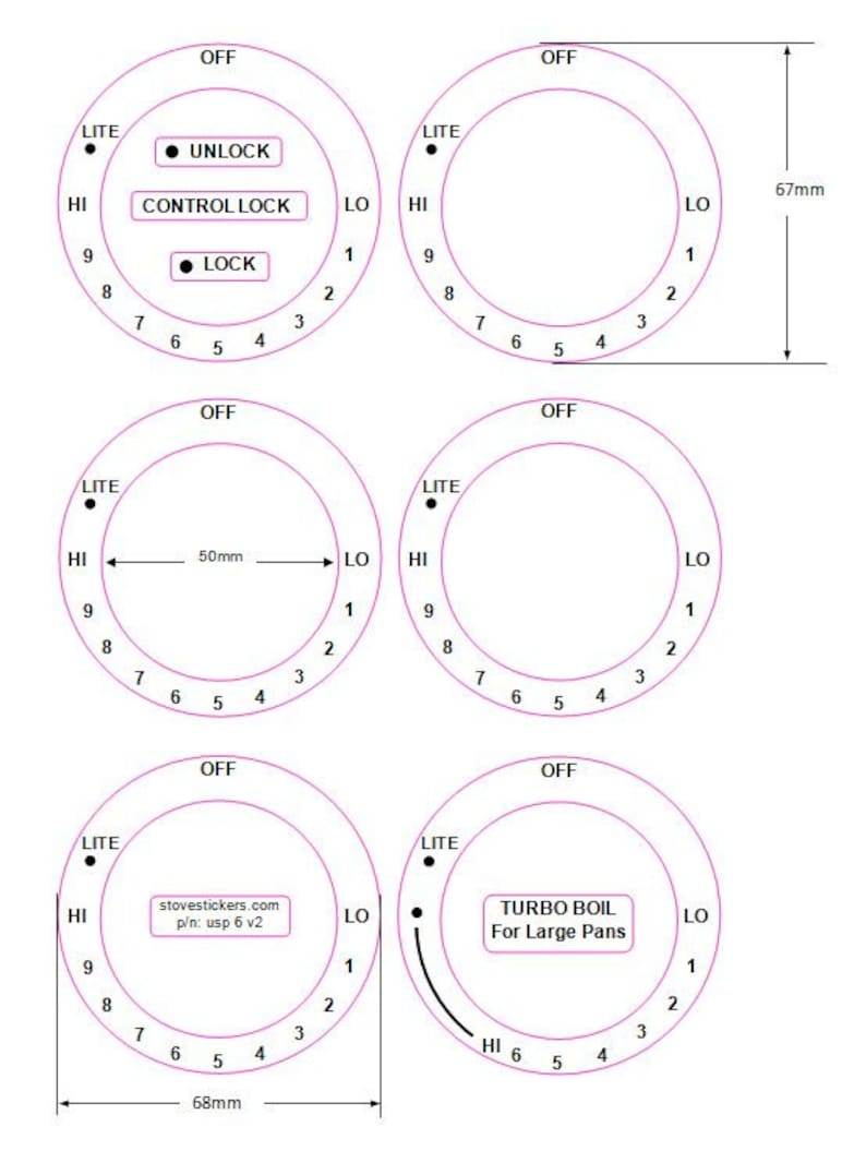 consisting of 6 dials marked Lo thru Hi in a clockwise direction American style cooker top decals
