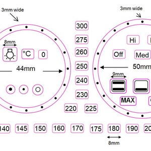 May include: A white and purple schematic of an oven control panel. It features temperature settings from 50 to 300, with a dial measuring 44mm. The control panel also includes oven function icons and settings like "Hi", "Lo", "Med", and "Min".