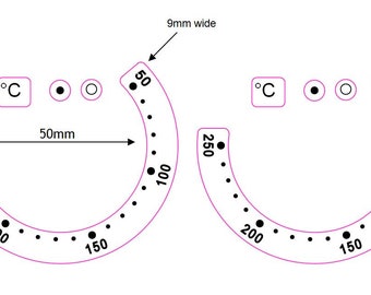 Pair of Oven Temperature sticker decals with wrap around marking numbers 50-250.  Overseas Shipping time could be up to 4 weeks