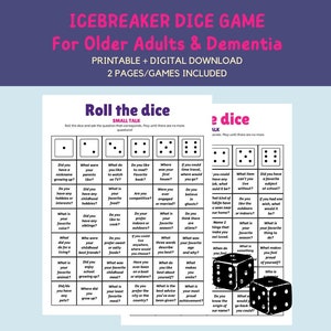 May include: Two black dice with white dots are shown on a white background. The dice are part of a game called "Icebreaker Dice Game for Older Adults & Dementia". The game includes two pages of questions to ask based on the number rolled on the dice.