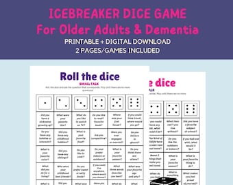 May include: Two black dice with white dots are shown on a white background. The dice are part of a game called "Icebreaker Dice Game for Older Adults & Dementia". The game includes two pages of questions to ask based on the number rolled on the dice.