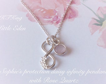 Silver daisy rose quartz crystal charm necklace