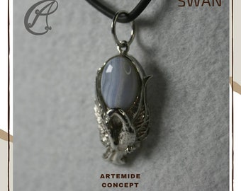 SWAN pendant with blue lace agate cabochon. Necklace pendant. Swan pendant