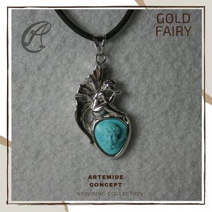 GOLD FAIRY Pendant. White Gold Pendant. Hand Engraved White Gold and Turquoise Fairy Necklace. Charm for Necklace and Bracelet