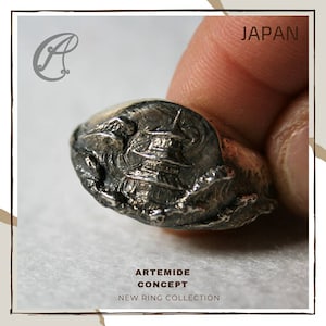 JAPAN Ring für Herren, aus brüniertem 925er Silber. Ring mit japanischer Baupagode und Hokusai-Welle