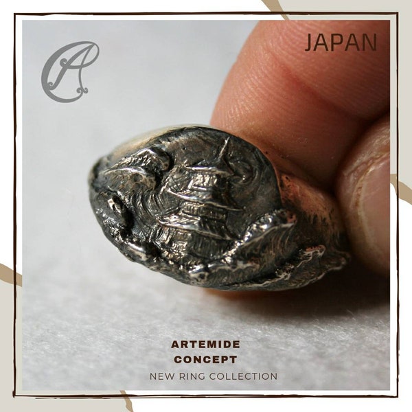 Bague JAPON pour hommes, en argent 925 bruni Bague avec pagode de construction japonaise et vague Hokusai