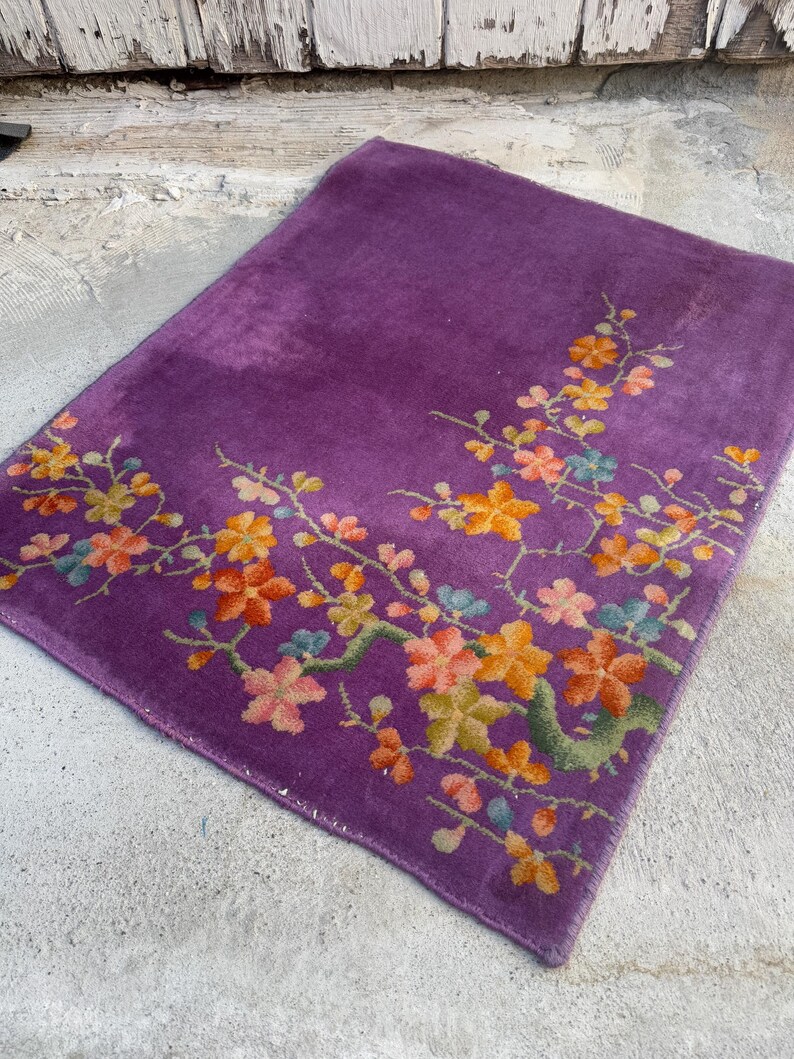 2'5 x 3' Purple Vintage Small Area Rug / Antique Chinese Art Deco Rug / Handmade Wool Rug / Bathroom Rug / Kitchen Rug #3756