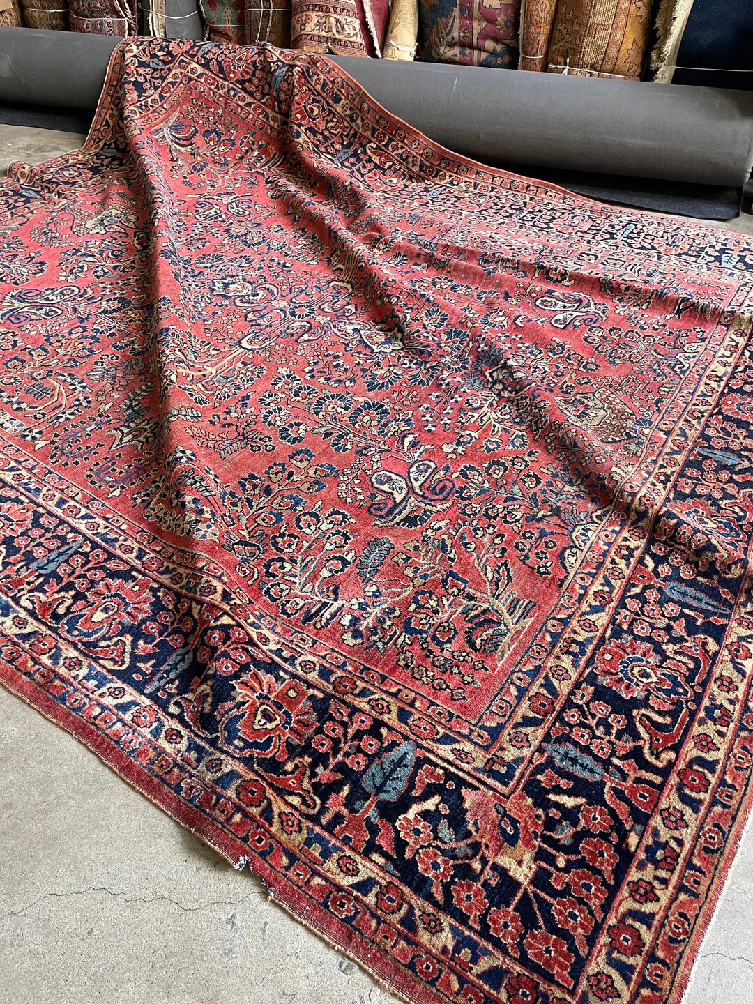 Floral Wool Rug, Large Rugs for Living Room, 9x11 Vintage Area Rug