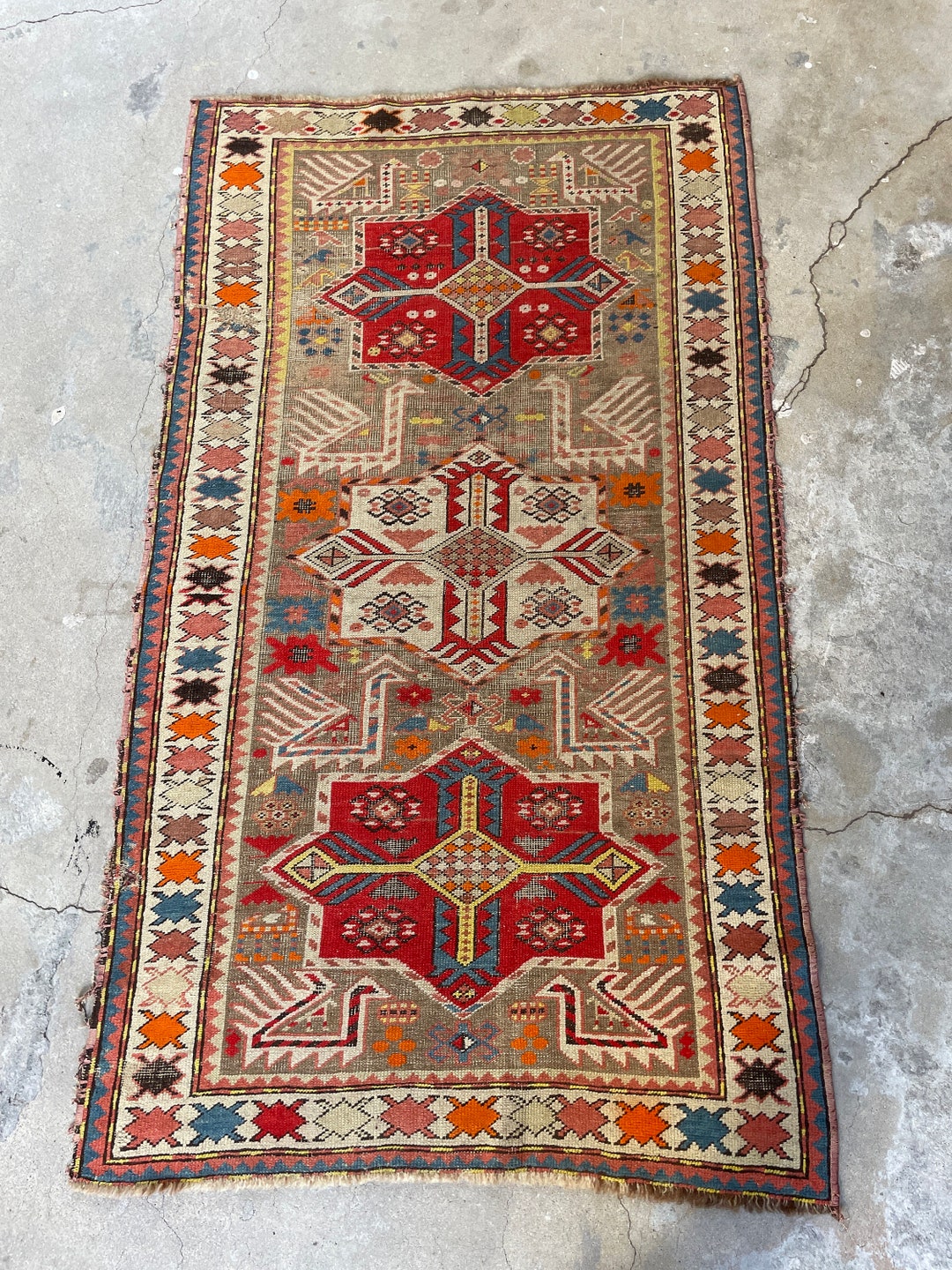 Antique Old Worn Tribal Vintage Rug, 3'4 X 5'4 Caucasian Rug, Neutral ...