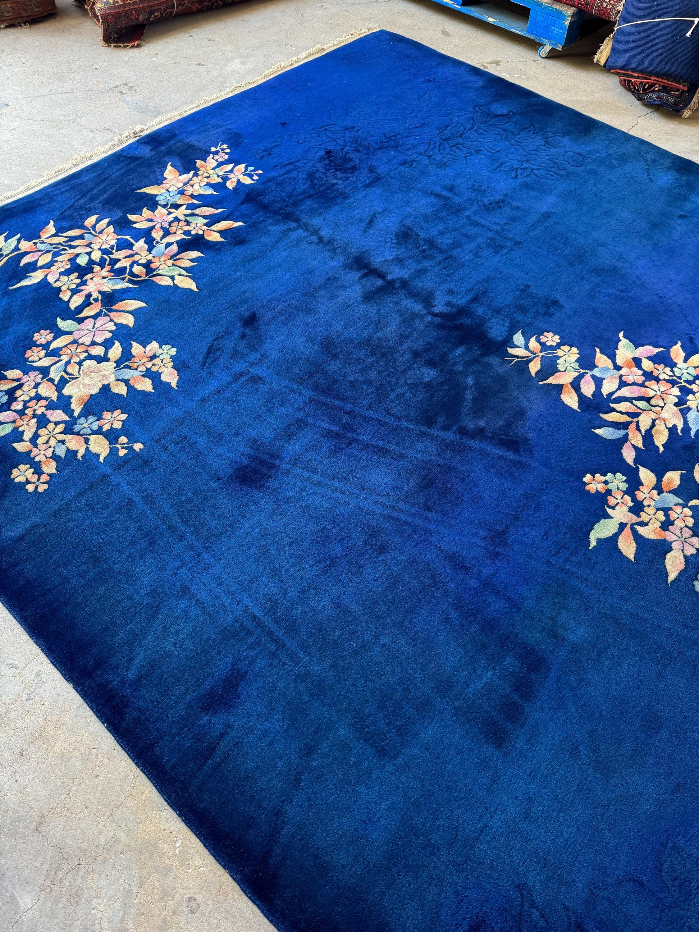 9x12 Royal Blue Art Deco Chinese Rug / Vintage Wool Rug / Large Antique ...