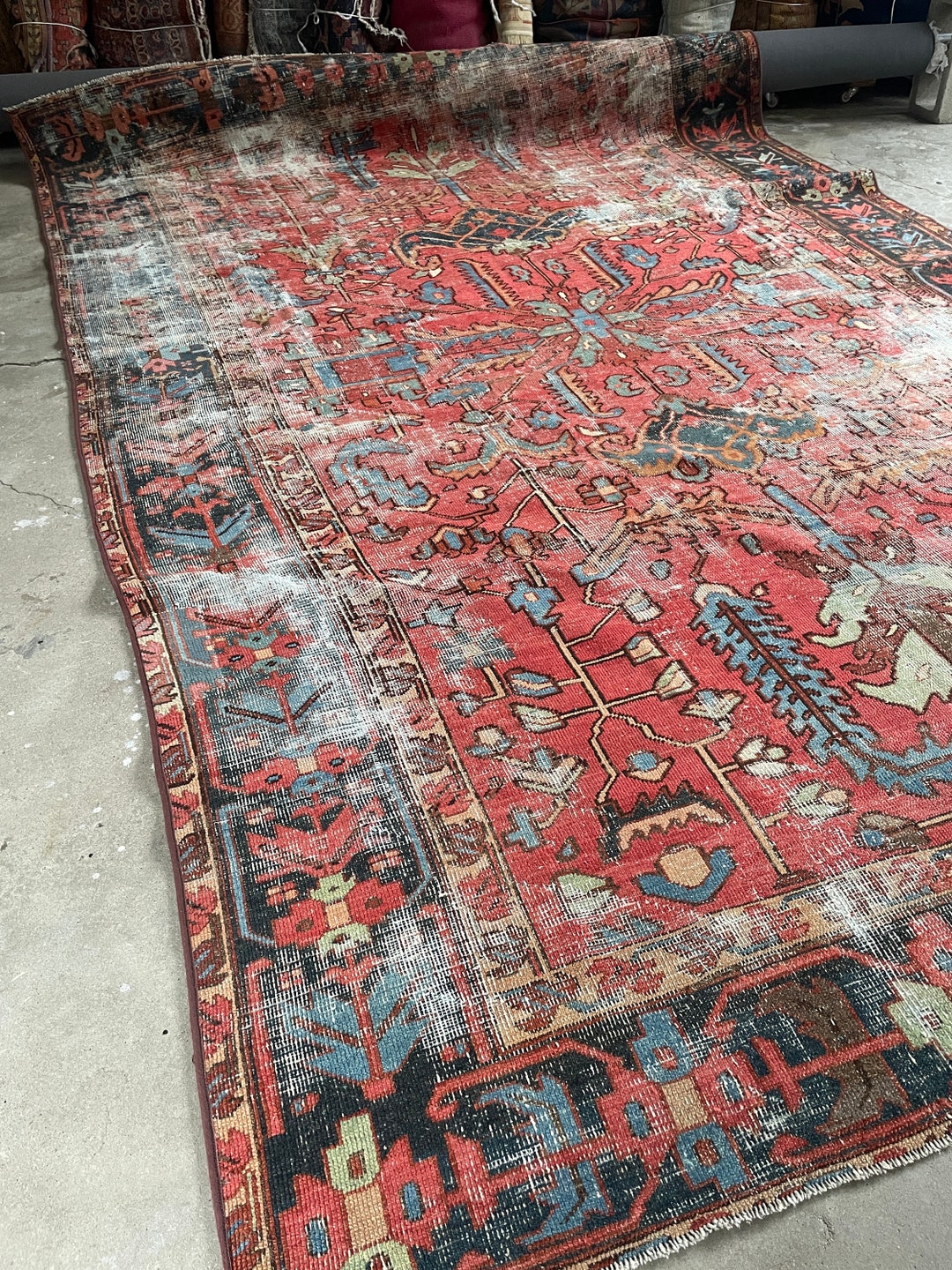 Large Antique Rug 8x11 Worn Antique Rug / Large Vintage Rug / Handwoven Salmon Rug for ...
