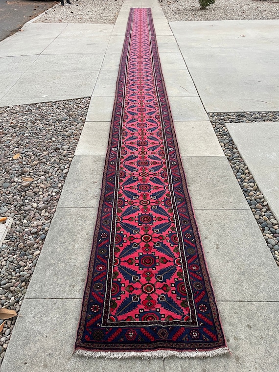 Vintage Wool Carpet I 38 Foot Long Hallway Runner I Pink Skinny Vintage Runner I Vintage Stair Carpet Runners I 2'4 X 38' Rug Runners