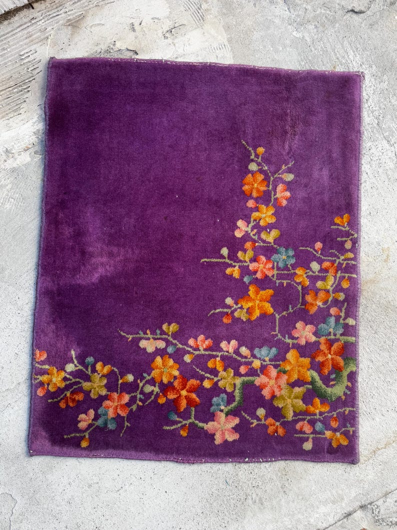 2'5 x 3' Purple Vintage Small Area Rug / Antique Chinese Art Deco Rug / Handmade Wool Rug / Bathroom Rug / Kitchen Rug #3756