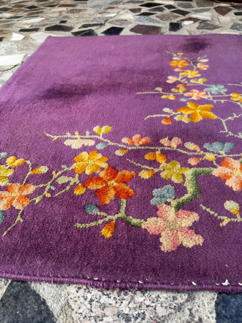 2'5 x 3' Purple Vintage Small Area Rug / Antique Chinese Art Deco Rug / Handmade Wool Rug / Bathroom Rug / Kitchen Rug #3756