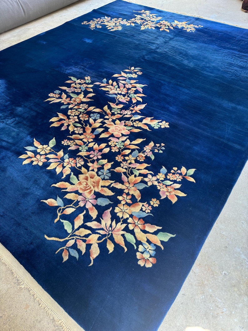 9x12 Royal Blue Art Deco Chinese Rug / Vintage Wool Rug / Large Antique ...