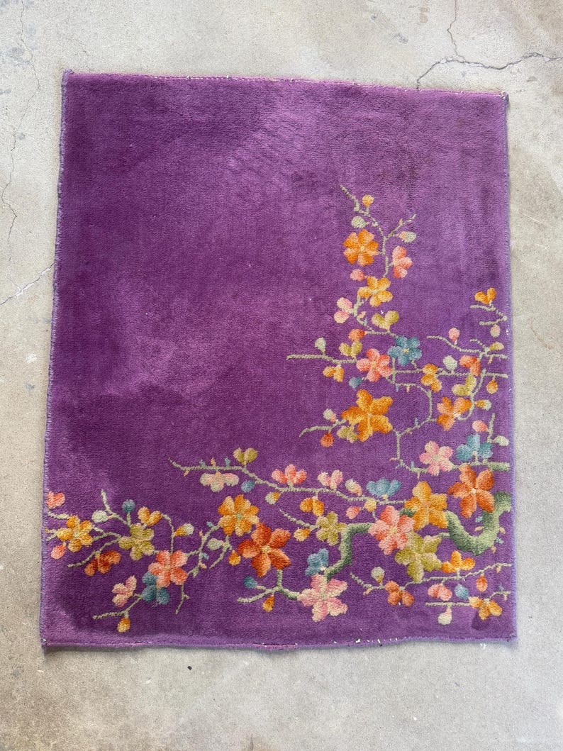 2'5 x 3' Purple Vintage Small Area Rug / Antique Chinese Art Deco Rug / Handmade Wool Rug / Bathroom Rug / Kitchen Rug #3756