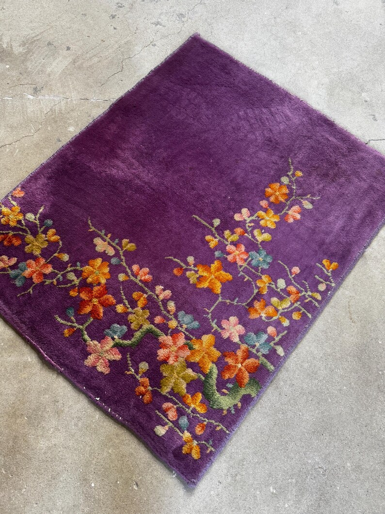 2'5 x 3' Purple Vintage Small Area Rug / Antique Chinese Art Deco Rug / Handmade Wool Rug / Bathroom Rug / Kitchen Rug #3756