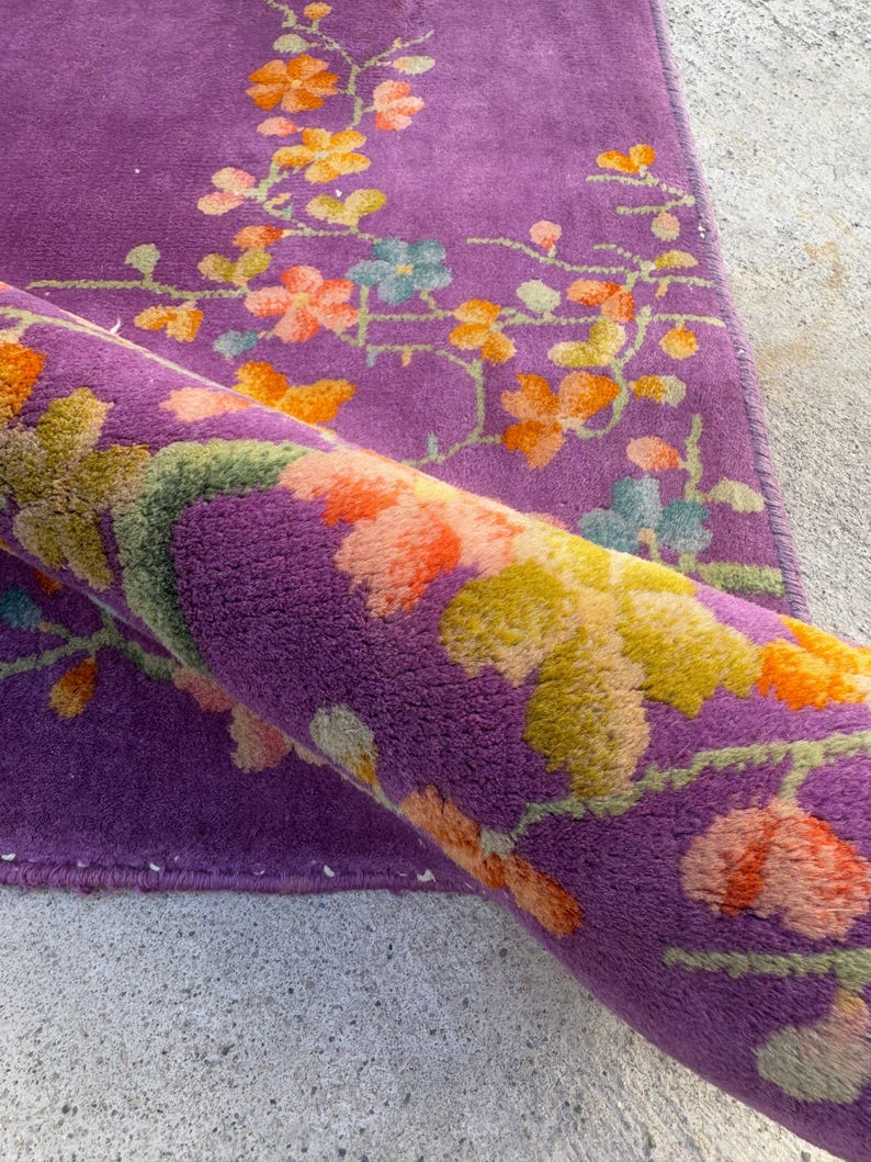 2'5 x 3' Purple Vintage Small Area Rug / Antique Chinese Art Deco Rug / Handmade Wool Rug / Bathroom Rug / Kitchen Rug #3756