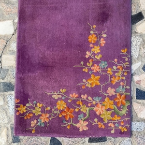 2'5 x 3' Purple Vintage Small Area Rug / Antique Chinese Art Deco Rug / Handmade Wool Rug / Bathroom Rug / Kitchen Rug #3756