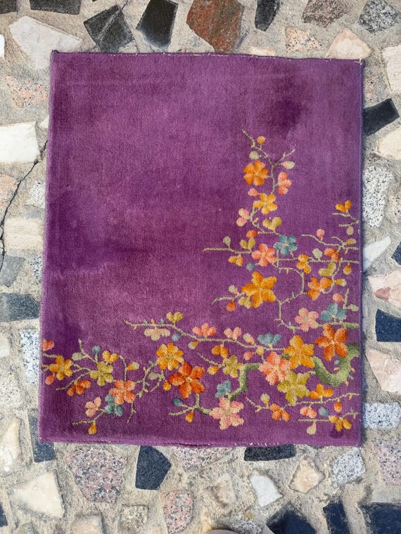 2'5 x 3' Purple Vintage Small Area Rug / Antique Chinese Art Deco Rug / Handmade Wool Rug / Bathroom Rug / Kitchen Rug #3756