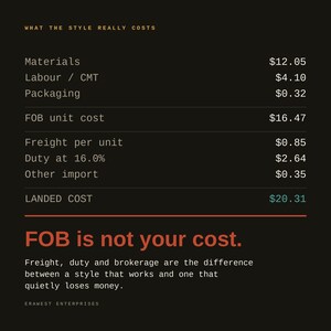 May include: A black infographic titled WHAT THE STYLE REALLY COSTS, listing itemized expenses including Materials, Labour, Packaging, Freight, Duty, and Other import, totaling a LANDED COST of $20.31. Text reads: FOB is not your cost.