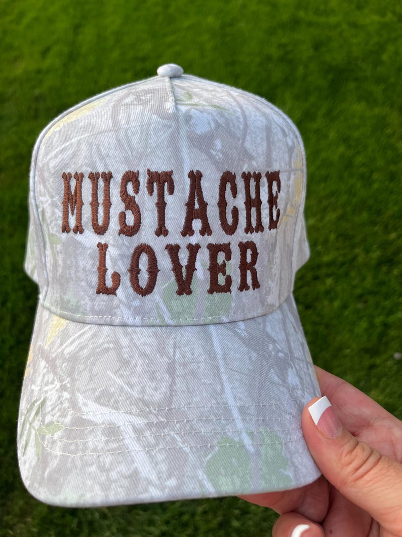 Mustache lover trucker hat, embroidered mustache hat, light camo hat, country style camo brim hat, cute wester trucker hat, camo girl hat imagem 8