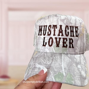 Mustache lover trucker hat, embroidered mustache hat, light camo hat, country style camo brim hat, cute wester trucker hat, camo girl hat imagem 3