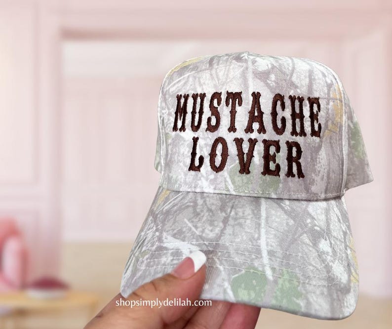 Mustache lover trucker hat, embroidered mustache hat, light camo hat, country style camo brim hat, cute wester trucker hat, camo girl hat imagem 3