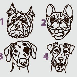 May include: Four black and white line drawings of different dog breeds. The dogs are numbered 1 through 4. The dogs are Yorkshire Terrier, French Bulldog, Dalmatian, and Jack Russell Terrier.