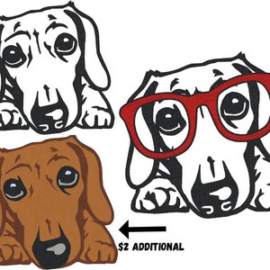 May include: Two cartoon dachshund dogs, one with brown fur and one with white fur. The white dachshund is wearing red glasses. The text "$2 additional" is below the dogs.