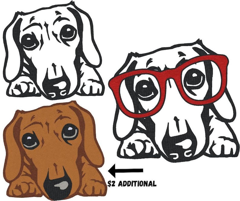 May include: Two cartoon dachshund dogs, one with brown fur and one with white fur. The white dachshund is wearing red glasses. The text "$2 additional" is below the dogs.