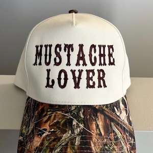 Mustache lover trucker hat, embroidered mustache hat, light camo hat, country style camo brim hat, cute wester trucker hat, camo girl hat imagem 1