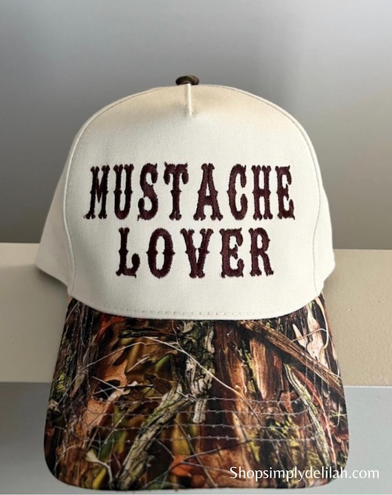 Mustache lover trucker hat, embroidered mustache hat, light camo hat, country style camo brim hat, cute wester  trucker hat, camo girl hat