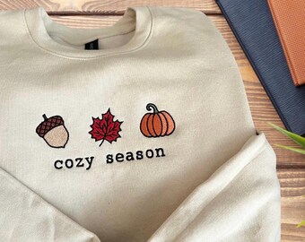 EMBROIDERED cozy season sweatshirt,  fall leaf pumpkin hoodie,  cute sweatshirt for fall, fall icons embroidered sweatshirt for fall.