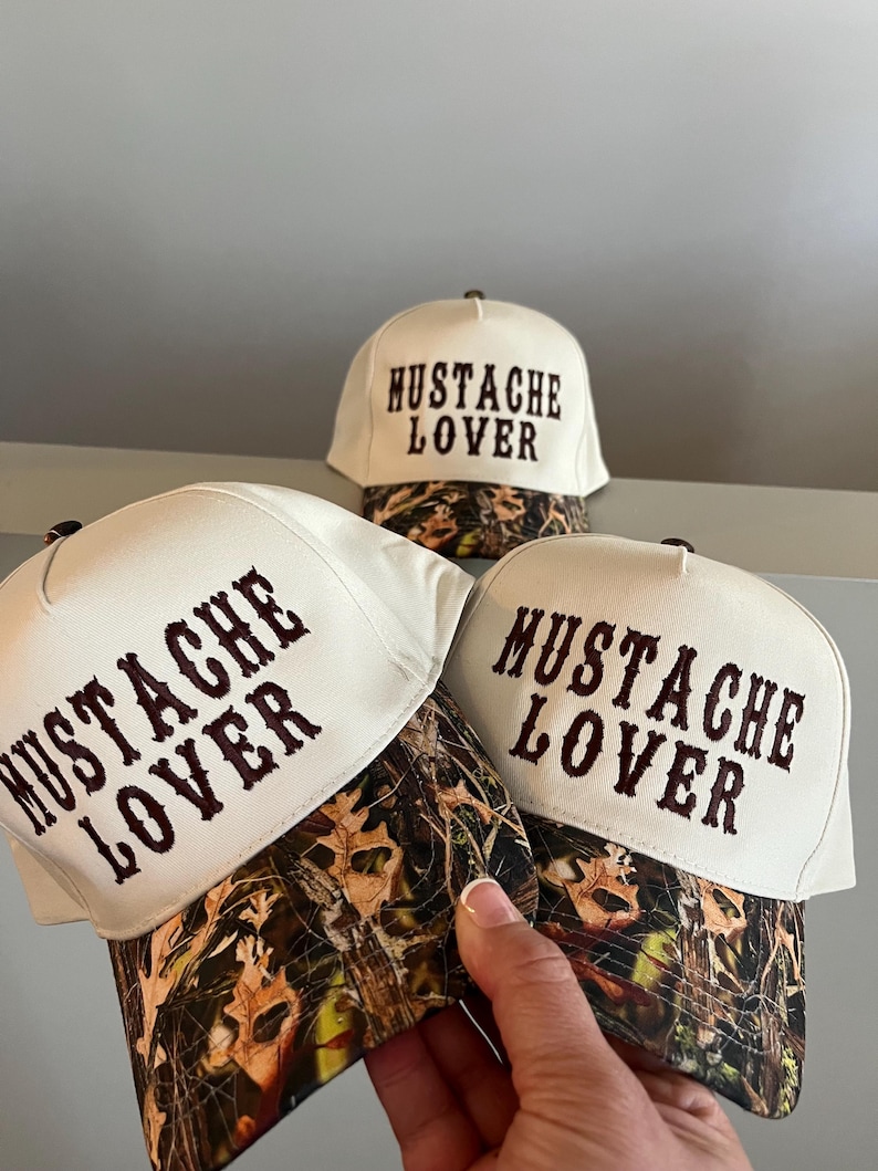 Mustache lover trucker hat, embroidered mustache hat, light camo hat, country style camo brim hat, cute wester trucker hat, camo girl hat imagem 10