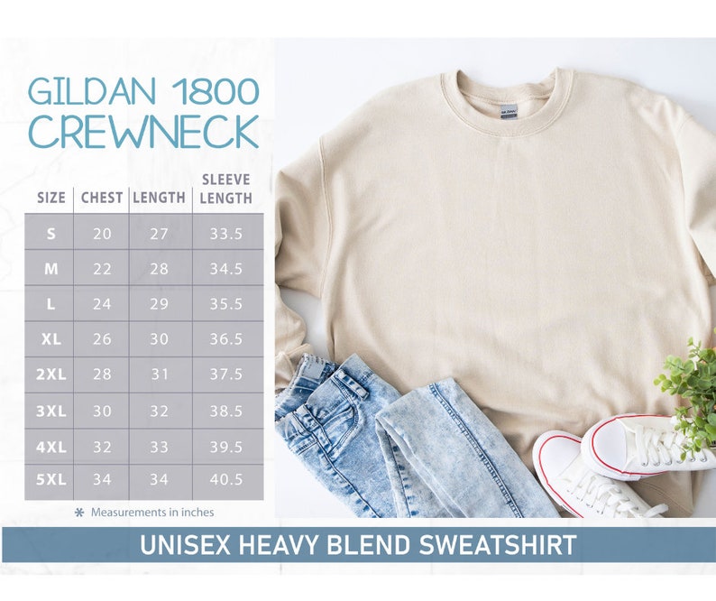 May include: A beige unisex heavy blend sweatshirt with a size chart showing chest, length, and sleeve length measurements in inches.