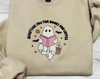 ghosting you for books sweatshirt, ghost and books embroidered sweatshirts, cute sweatshirt for fall, halloween embroider ghost sweatshirt