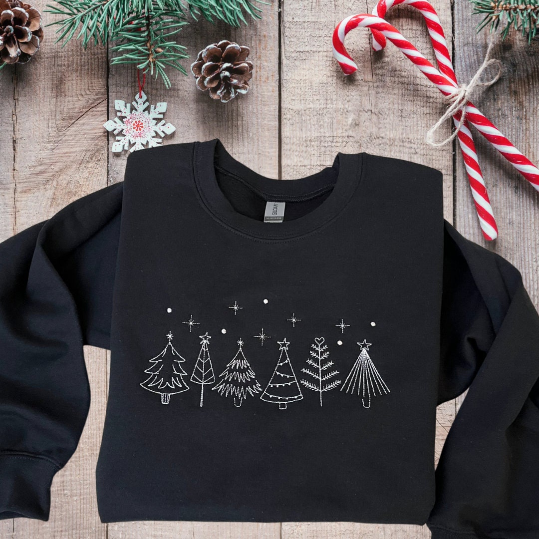 EMBROIDERED Christmas Trees Sweatshirt, Black Holiday Sweatshirt for Women Etsy