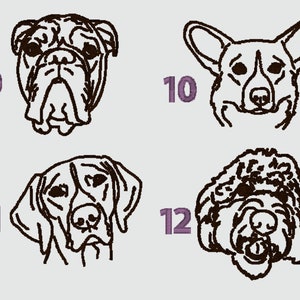 May include: A black and white line drawing of four different dog breeds. The dogs are numbered 9, 10, 11, and 12.