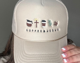 coffee and Jesus trucker hat, embroidered hat for christian, cute christian hat, christian hat, cute Jesus hat, coffee, faith and jesus cap
