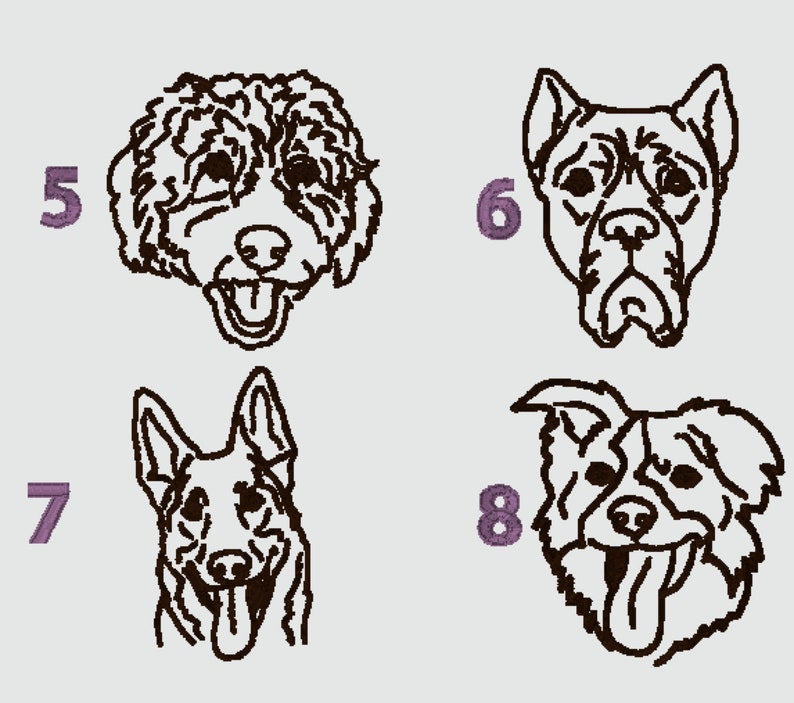 May include: A set of four black and white line drawings of different dog breeds. The drawings are numbered 5 through 8.