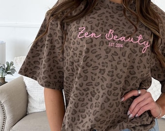 Custom Leopard Print Tee, Beauty Salon T-Shirt,  Embroidered cheetah tshirt, beauty industry shirt, gift for esthetician business owner