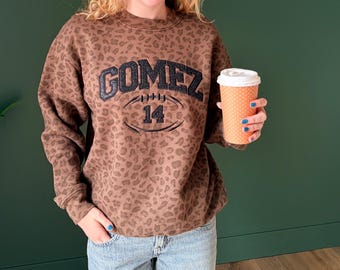 custom embroidered football mom sweatshirt, cheetah Game day Fashion crewneck, custom glitter sports crewneck,  sports name & number shirt,