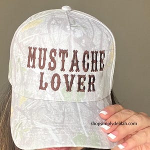 Mustache lover trucker hat, embroidered mustache hat, light camo hat, country style camo brim hat, cute wester trucker hat, camo girl hat imagem 4